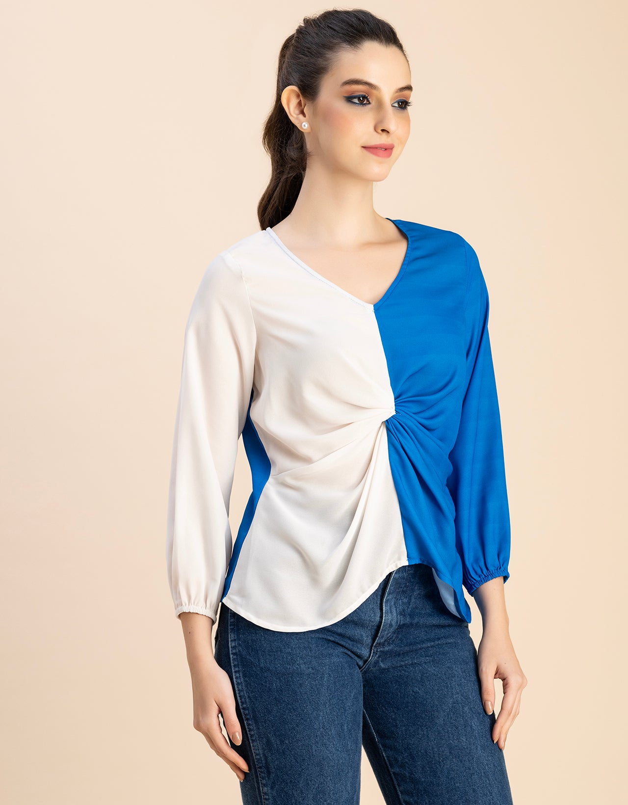 quarter sleeve V Neck Solid Georgette Top