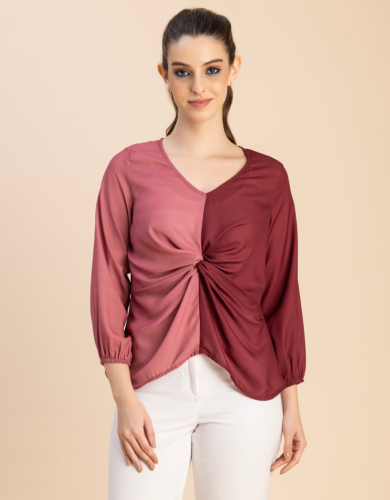 quarter sleeve V Neck Solid Georgette Top