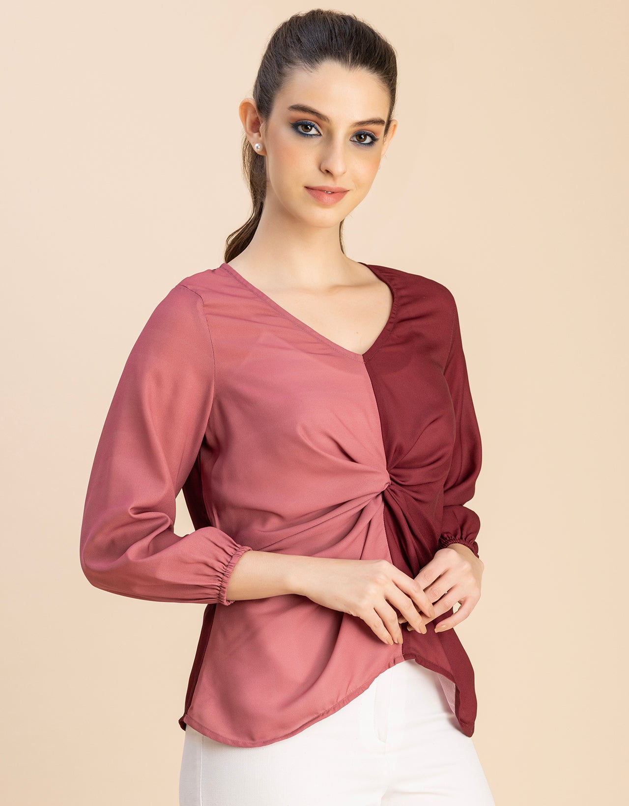 quarter sleeve V Neck Solid Georgette Top