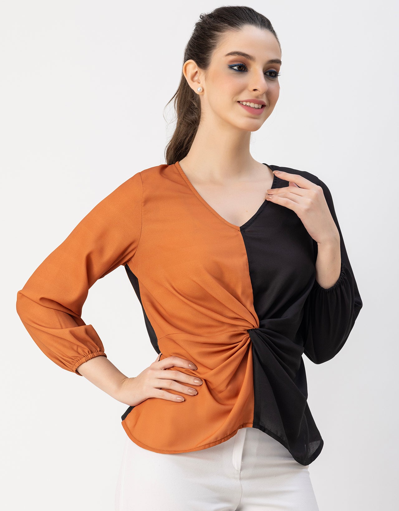 quarter sleeve V Neck Solid Georgette Top