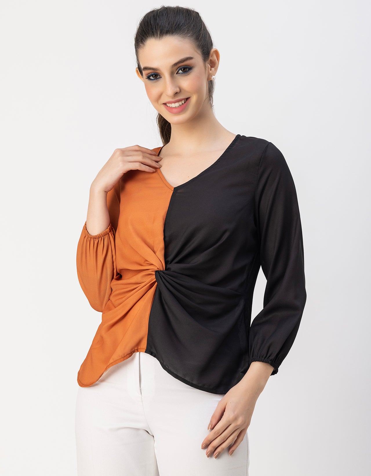 quarter sleeve V Neck Solid Georgette Top