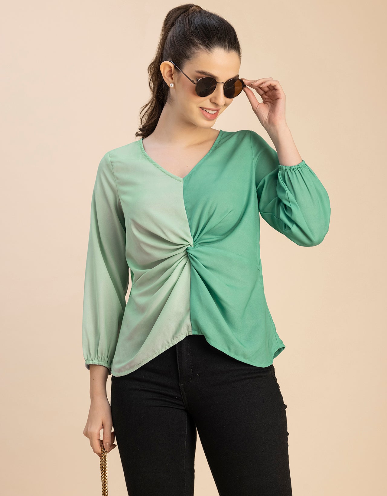 quarter sleeve V Neck Solid Georgette Top