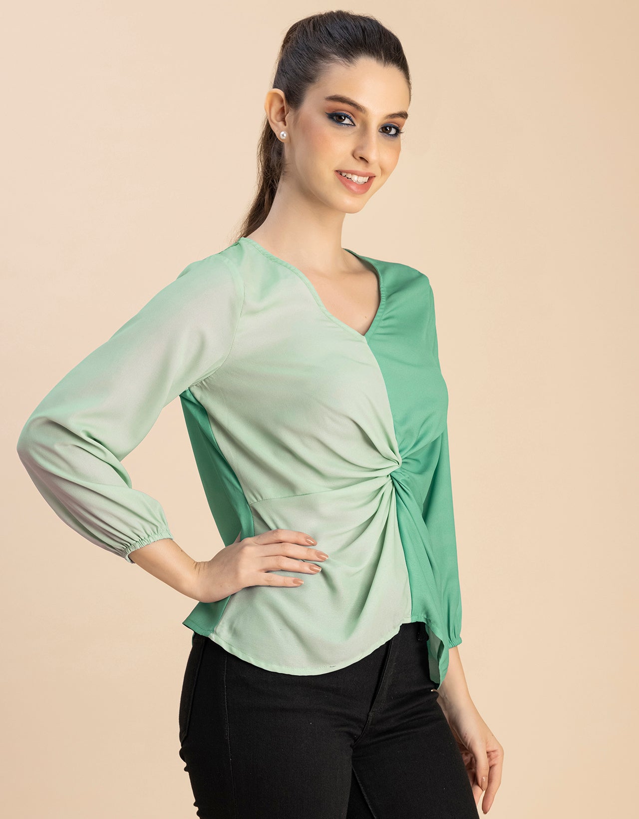 quarter sleeve V Neck Solid Georgette Top