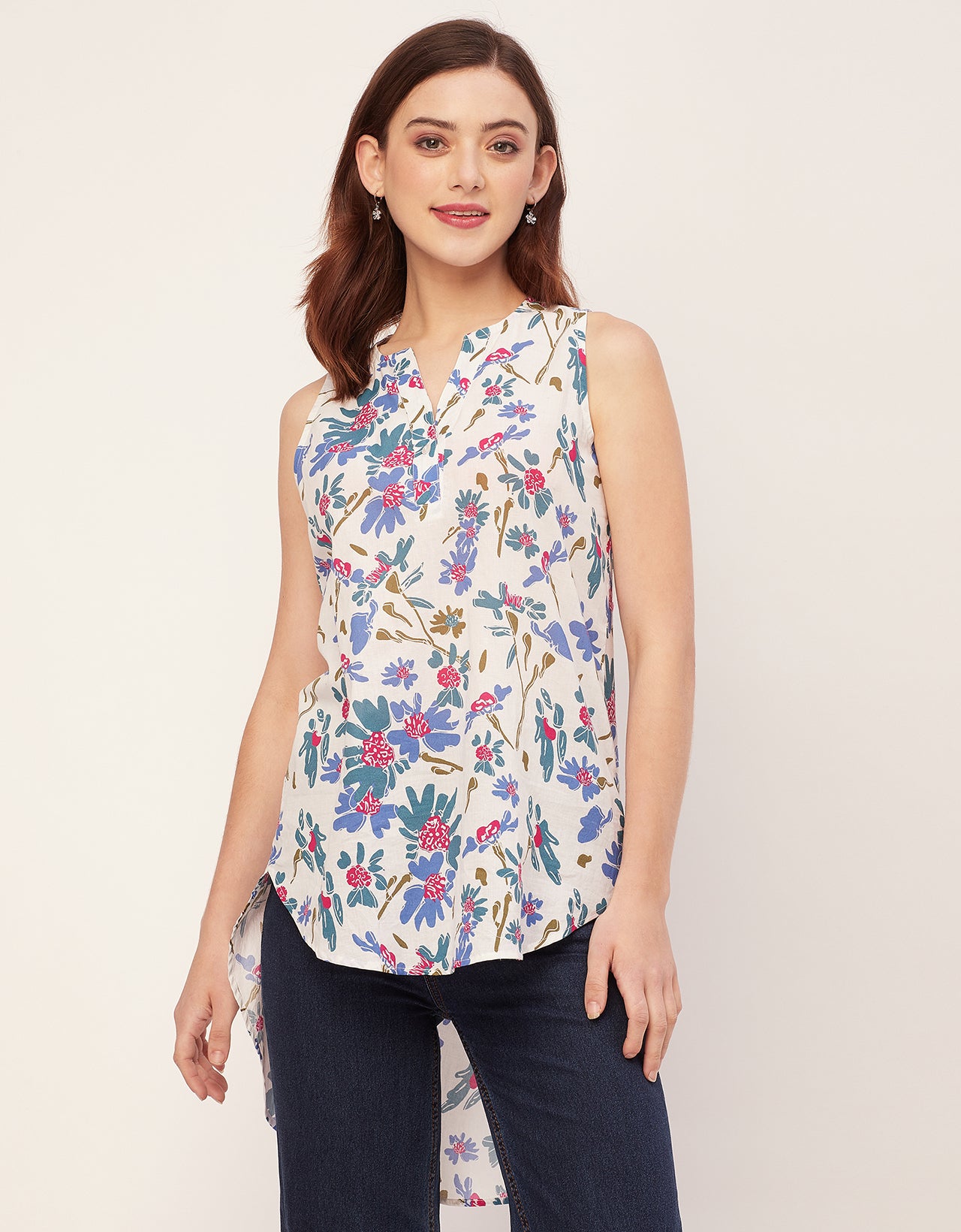 Printed Cotton Sleeveless High-Low V Neck Top