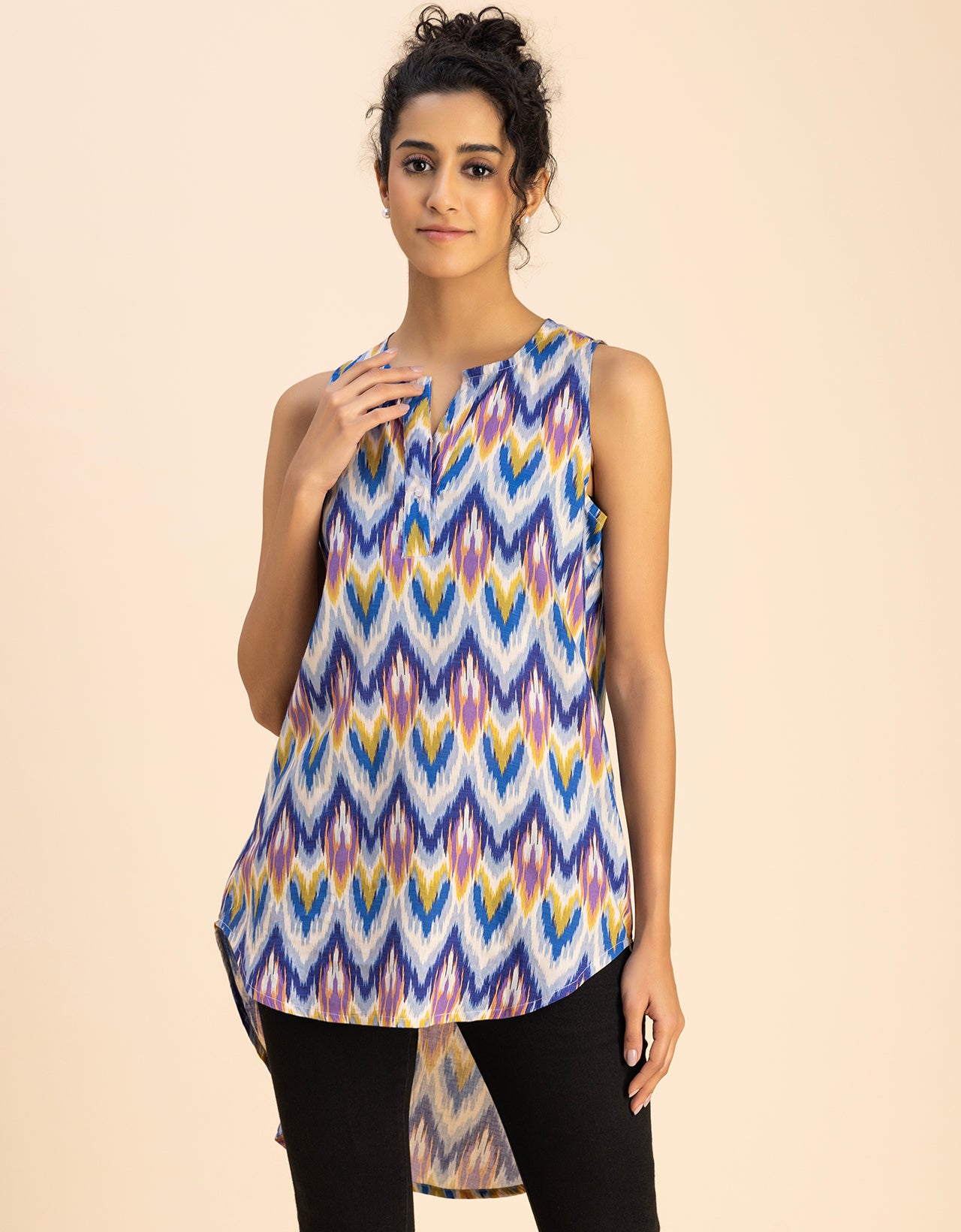 Printed Cotton Sleeveless High-Low V Neck Top