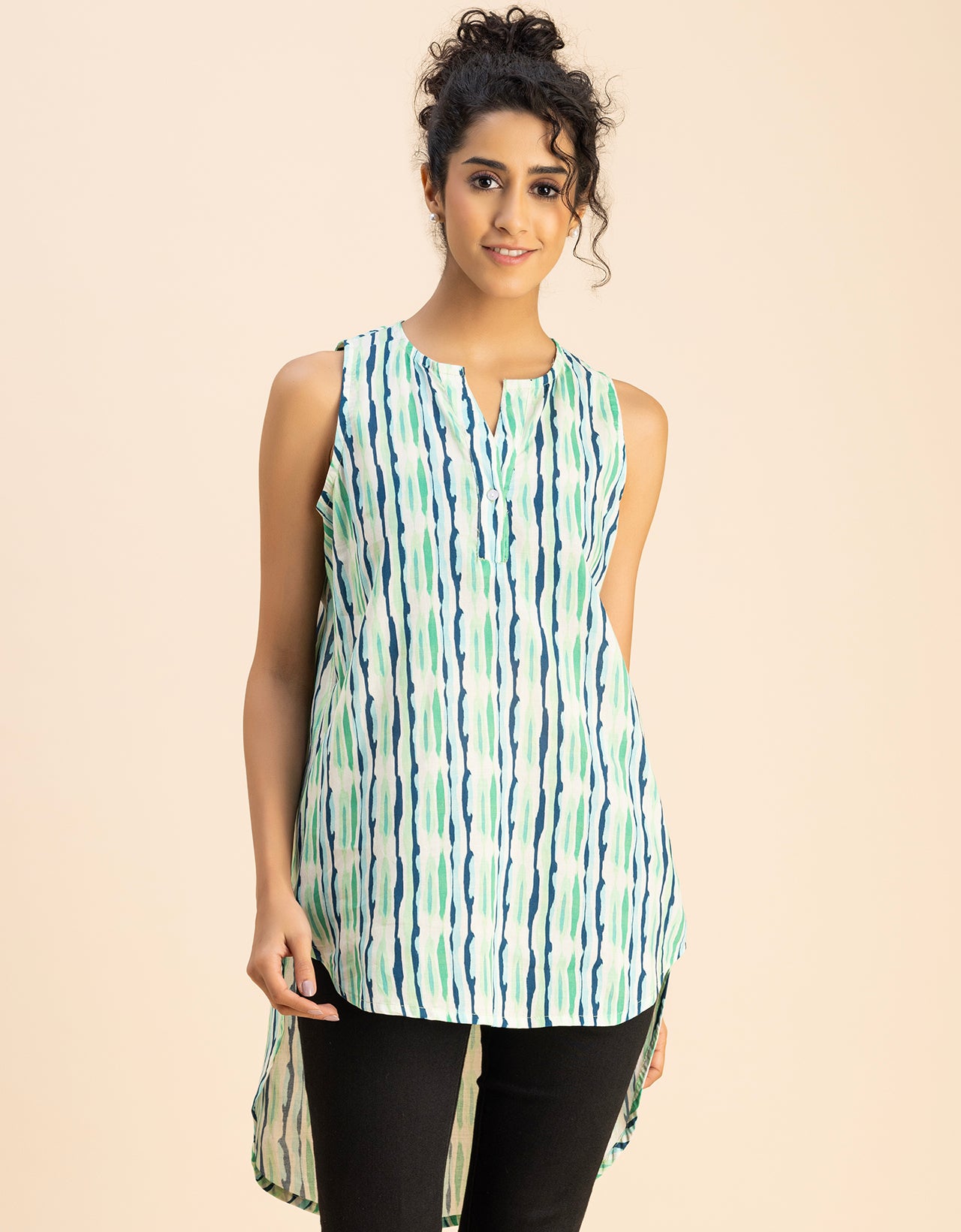 Printed Cotton Sleeveless High-Low V Neck Top