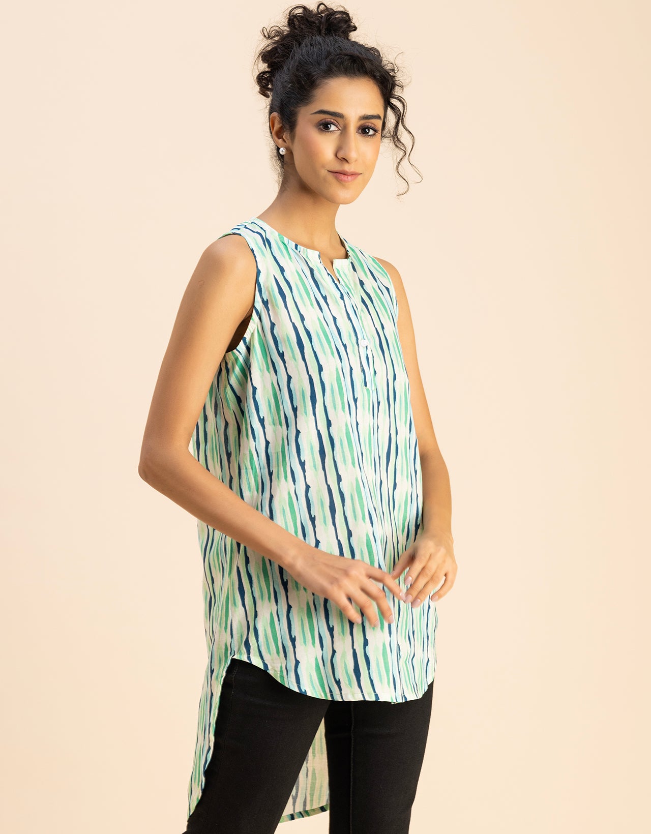 Printed Cotton Sleeveless High-Low V Neck Top