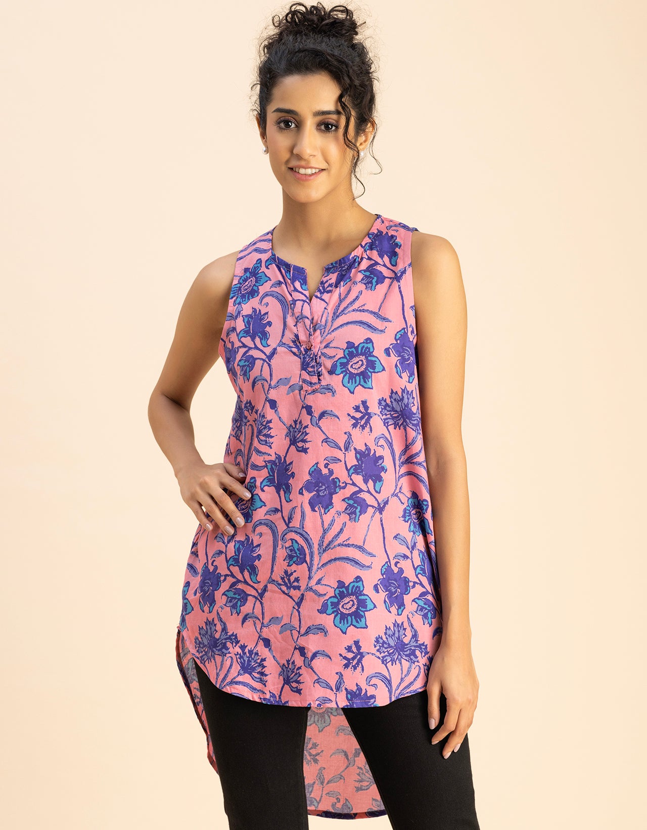 Printed Cotton Sleeveless High-Low V Neck Top