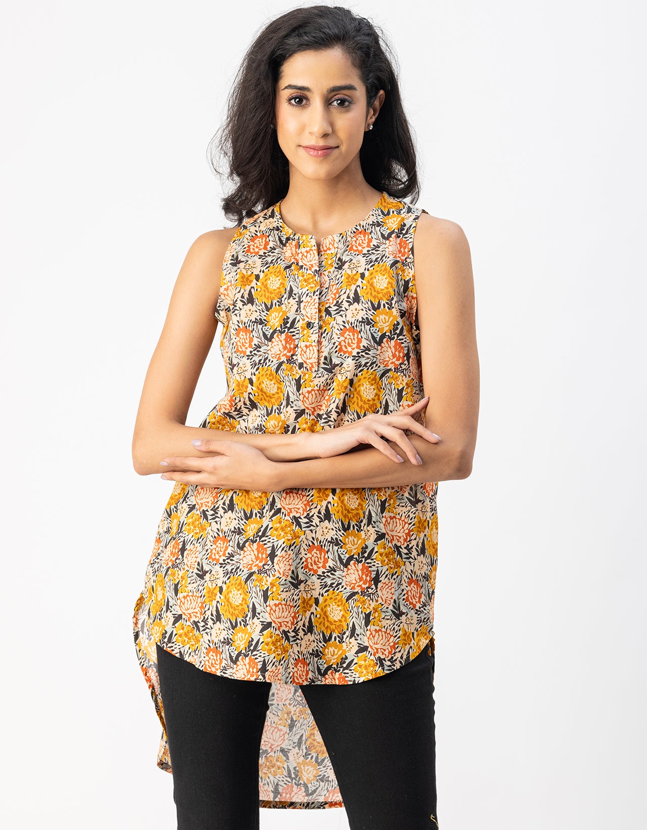 Printed Cotton Sleeveless High-Low V Neck Top