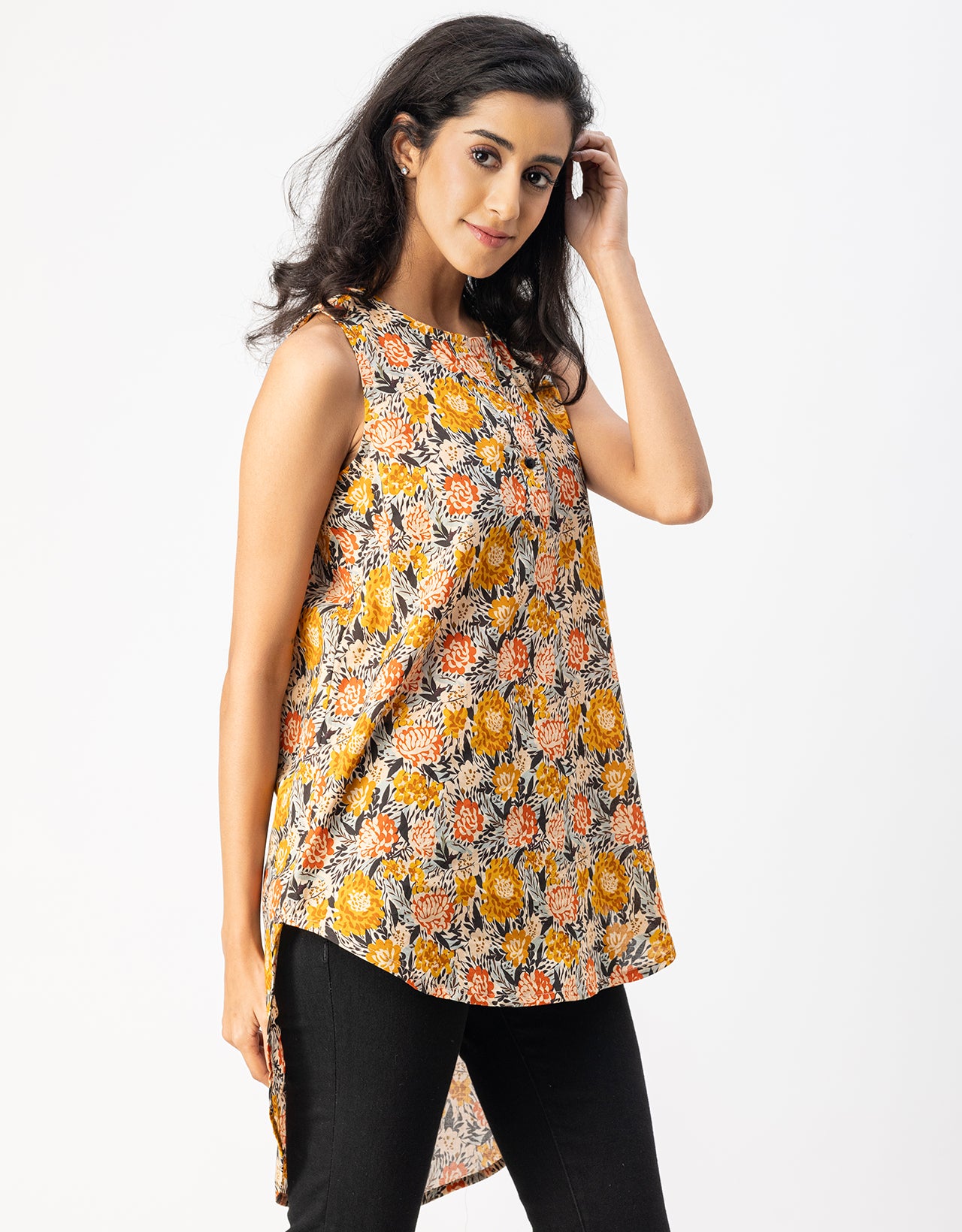 Printed Cotton Sleeveless High-Low V Neck Top