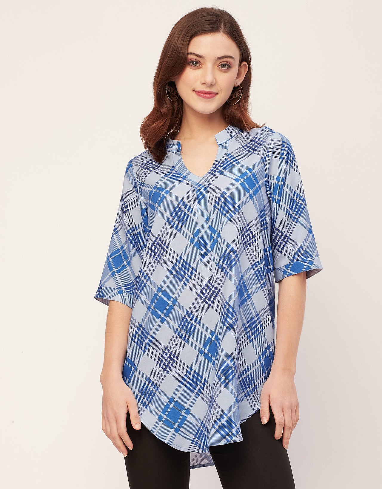 Printed Rayon quarter sleeve Mandarin Collar Top