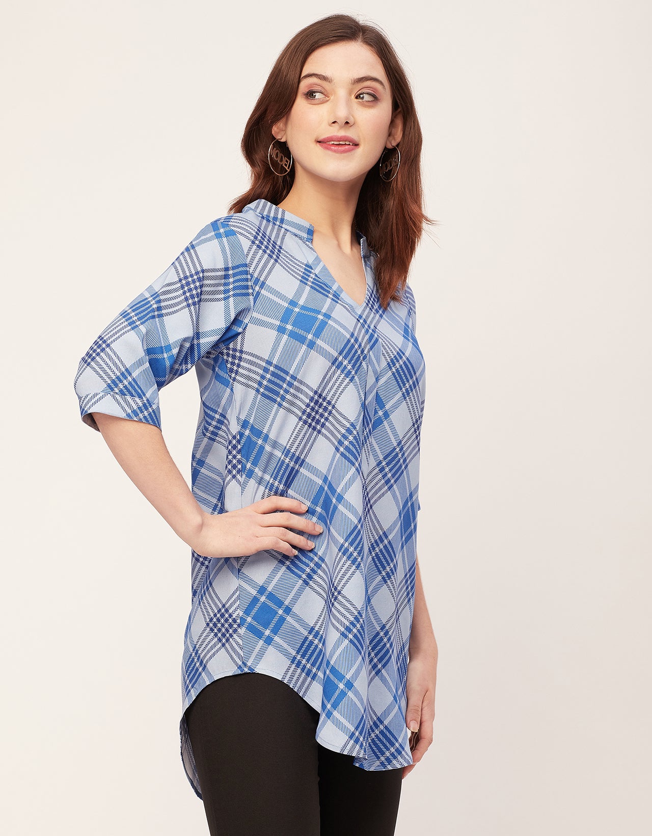 Printed Rayon quarter sleeve Mandarin Collar Top