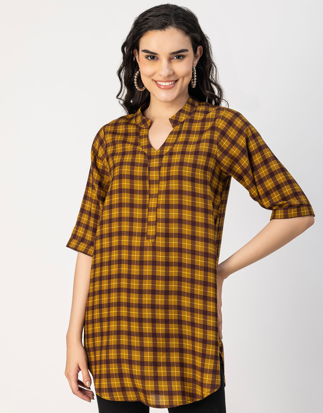 Printed Rayon quarter sleeve Mandarin Collar Top