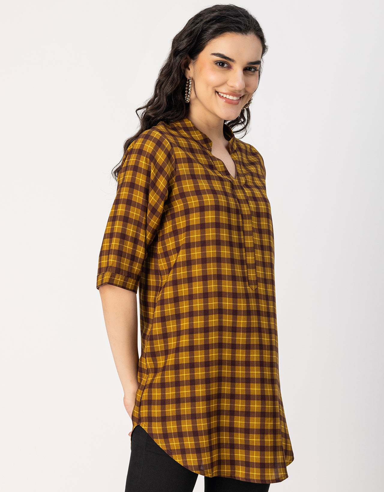 Printed Rayon quarter sleeve Mandarin Collar Top