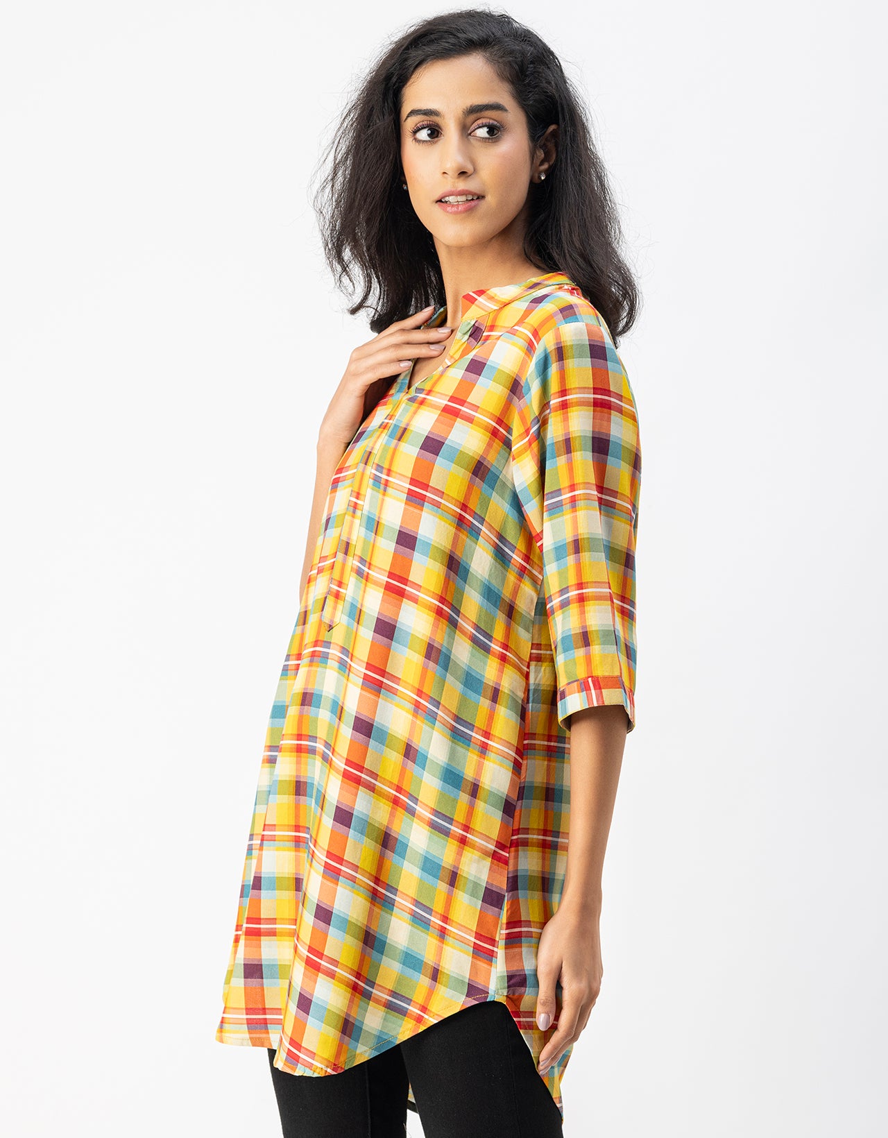 Printed Rayon quarter sleeve Mandarin Collar Top