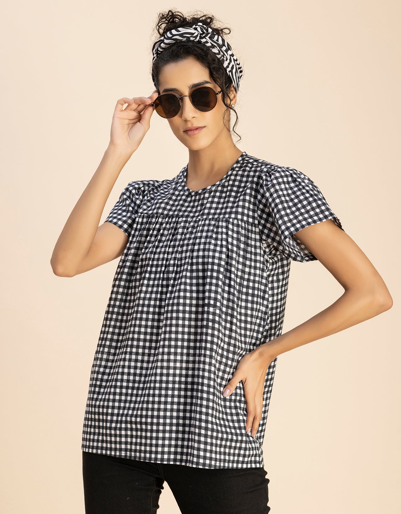Printed Cotton Short Sleeve Round Neck Top