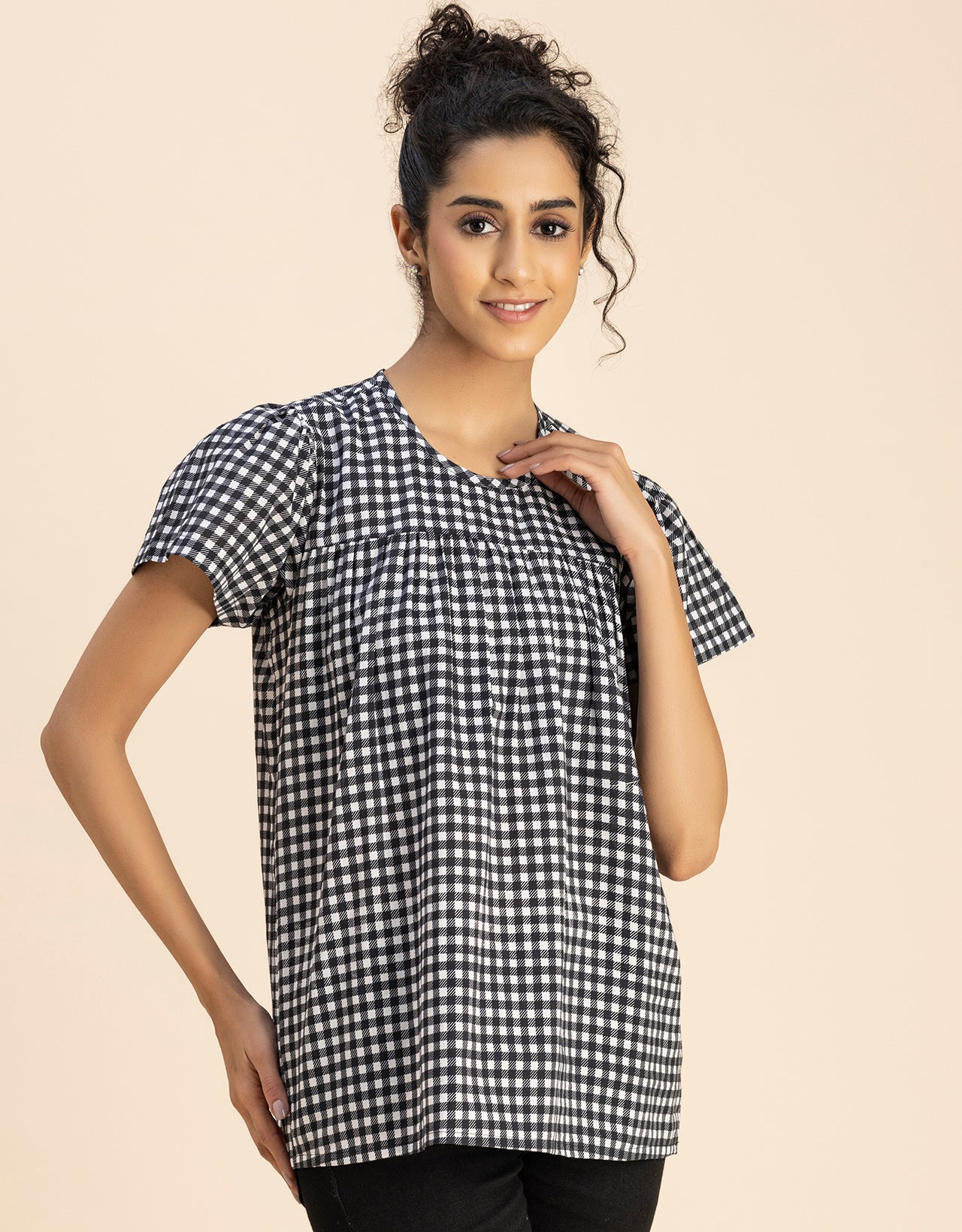 Printed Cotton Short Sleeve Round Neck Top