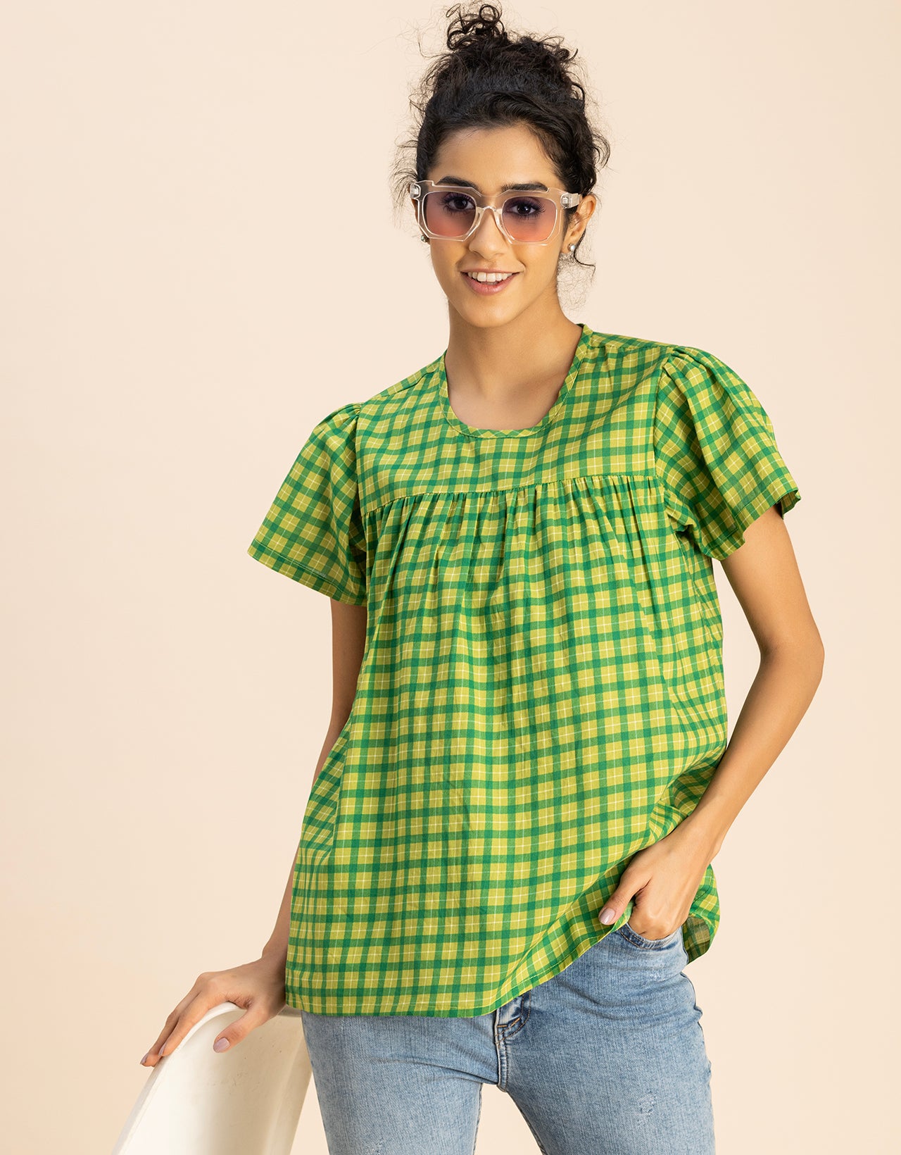 Printed Cotton Short Sleeve Round Neck Top