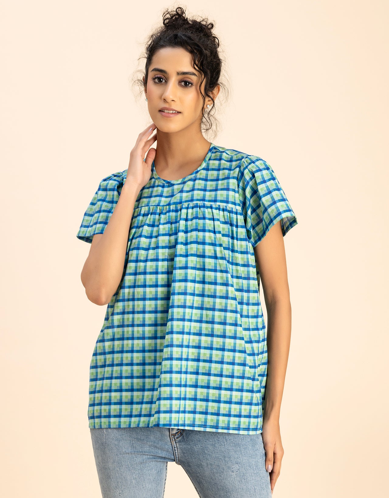 Printed Cotton Short Sleeve Round Neck Top