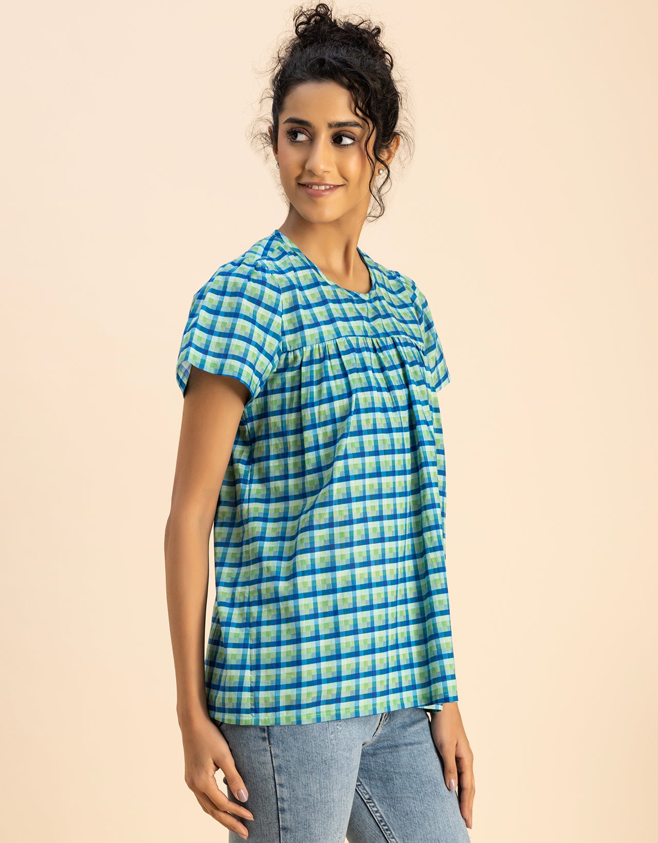 Printed Cotton Short Sleeve Round Neck Top