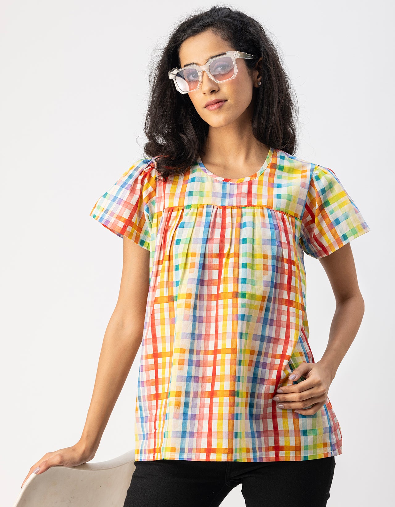 Printed Cotton Short Sleeve Round Neck Top