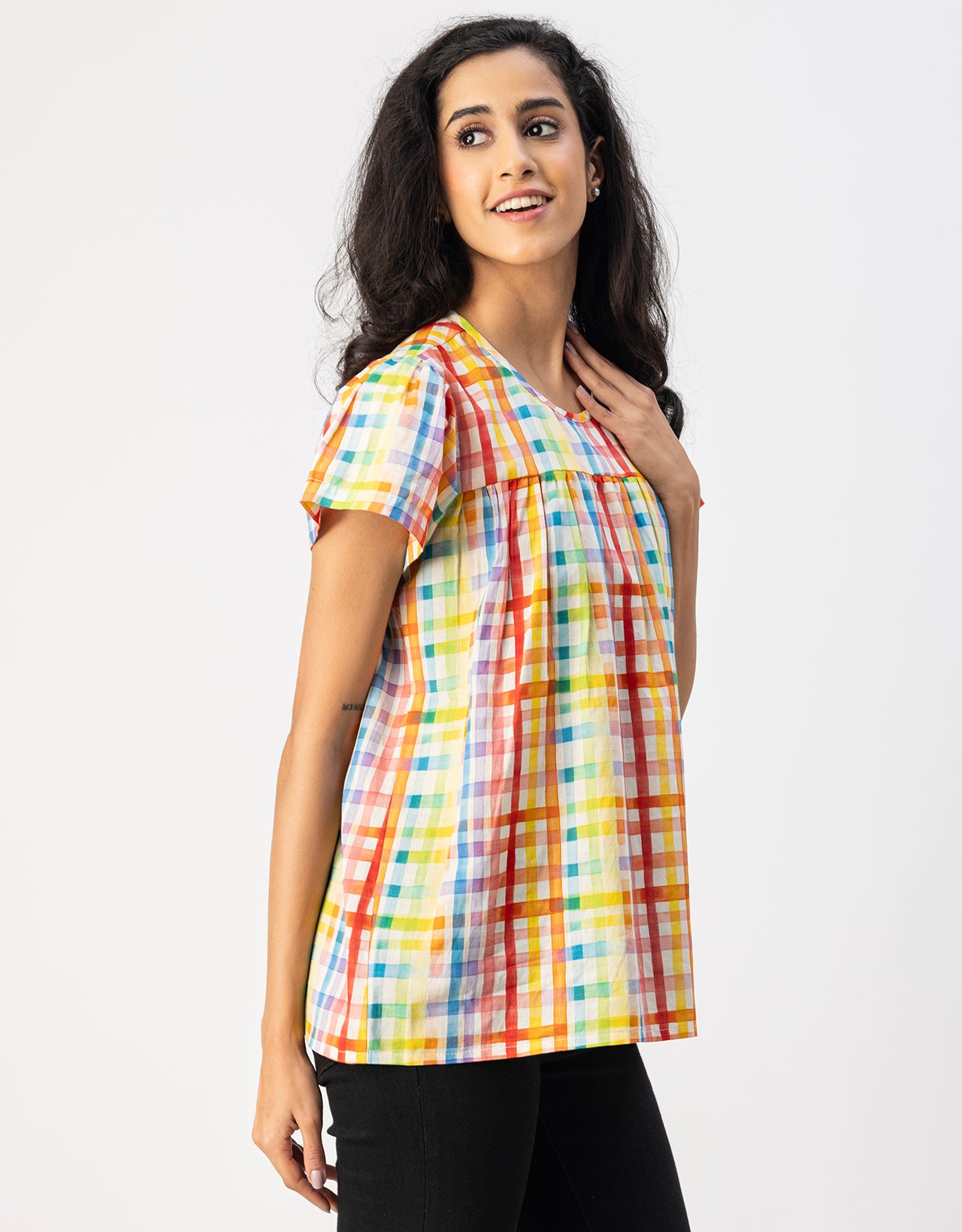 Printed Cotton Short Sleeve Round Neck Top