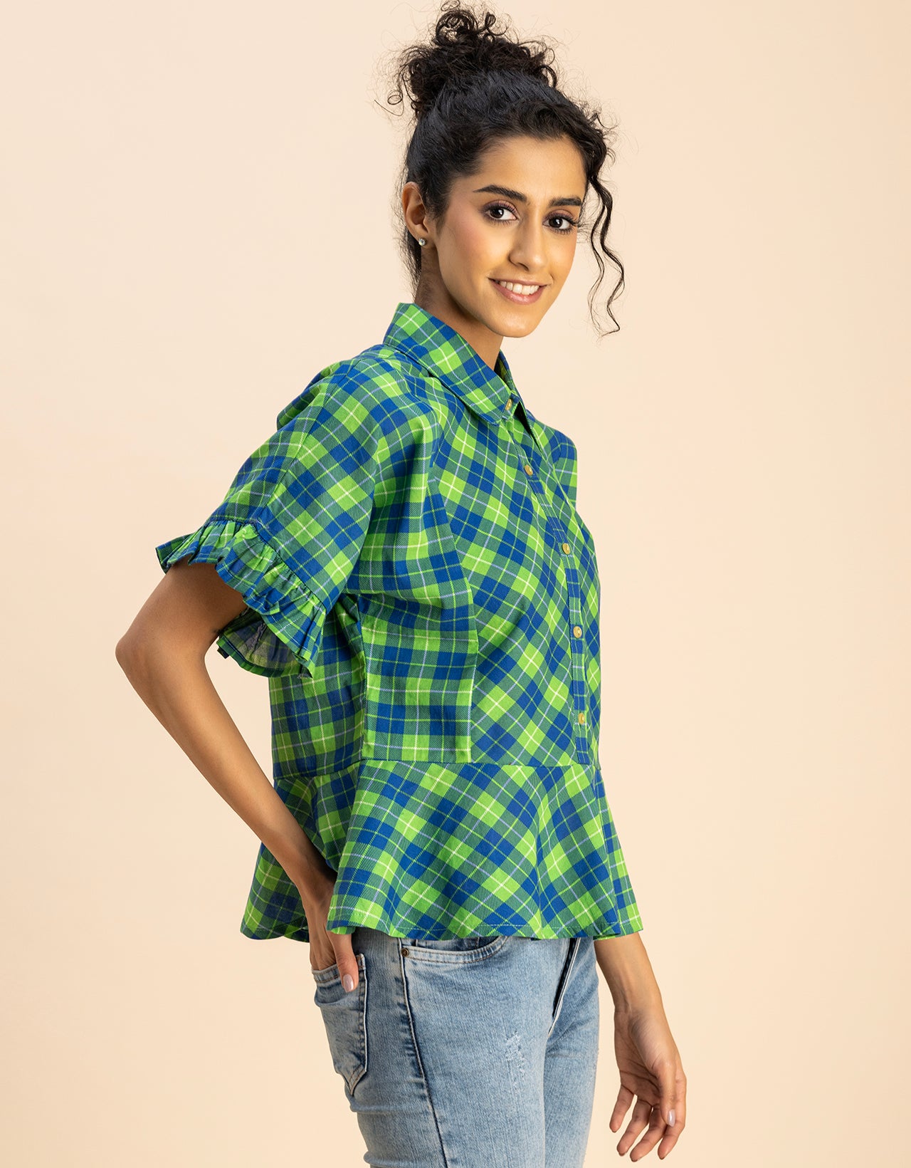 Printed Cotton Short Sleeve Peplum Top