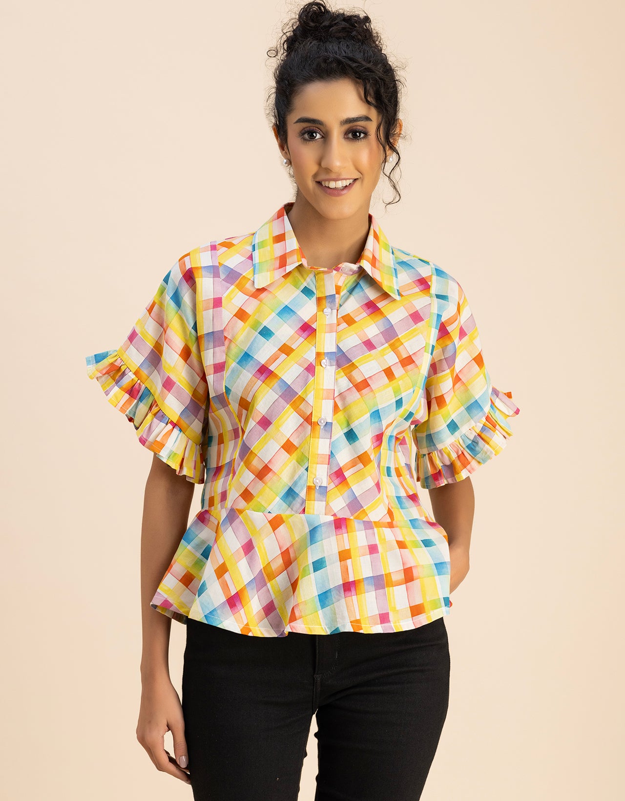 Printed Cotton Short Sleeve Peplum Top