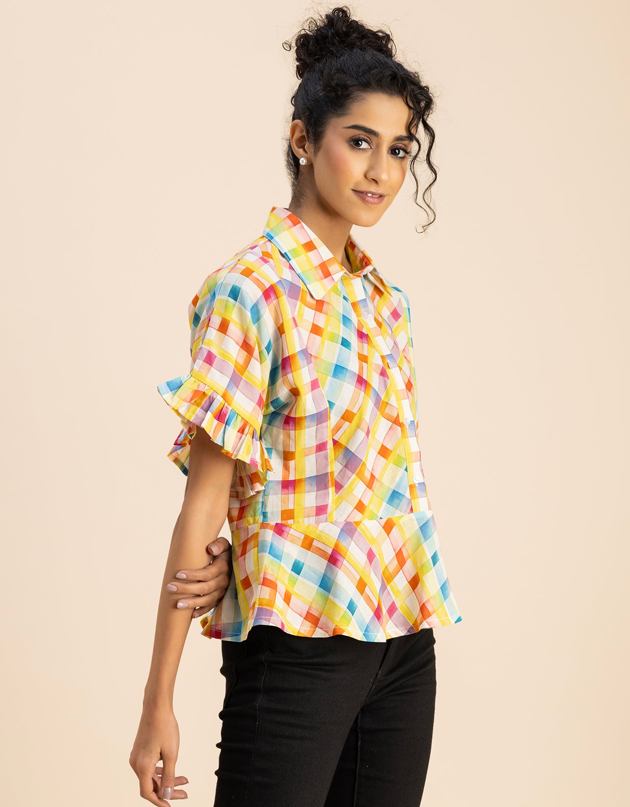 Printed Cotton Short Sleeve Peplum Top