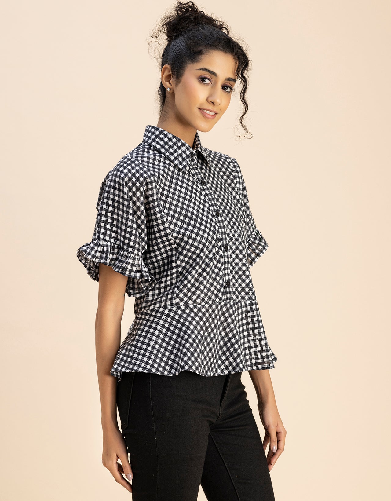 Printed Cotton Short Sleeve Peplum Top