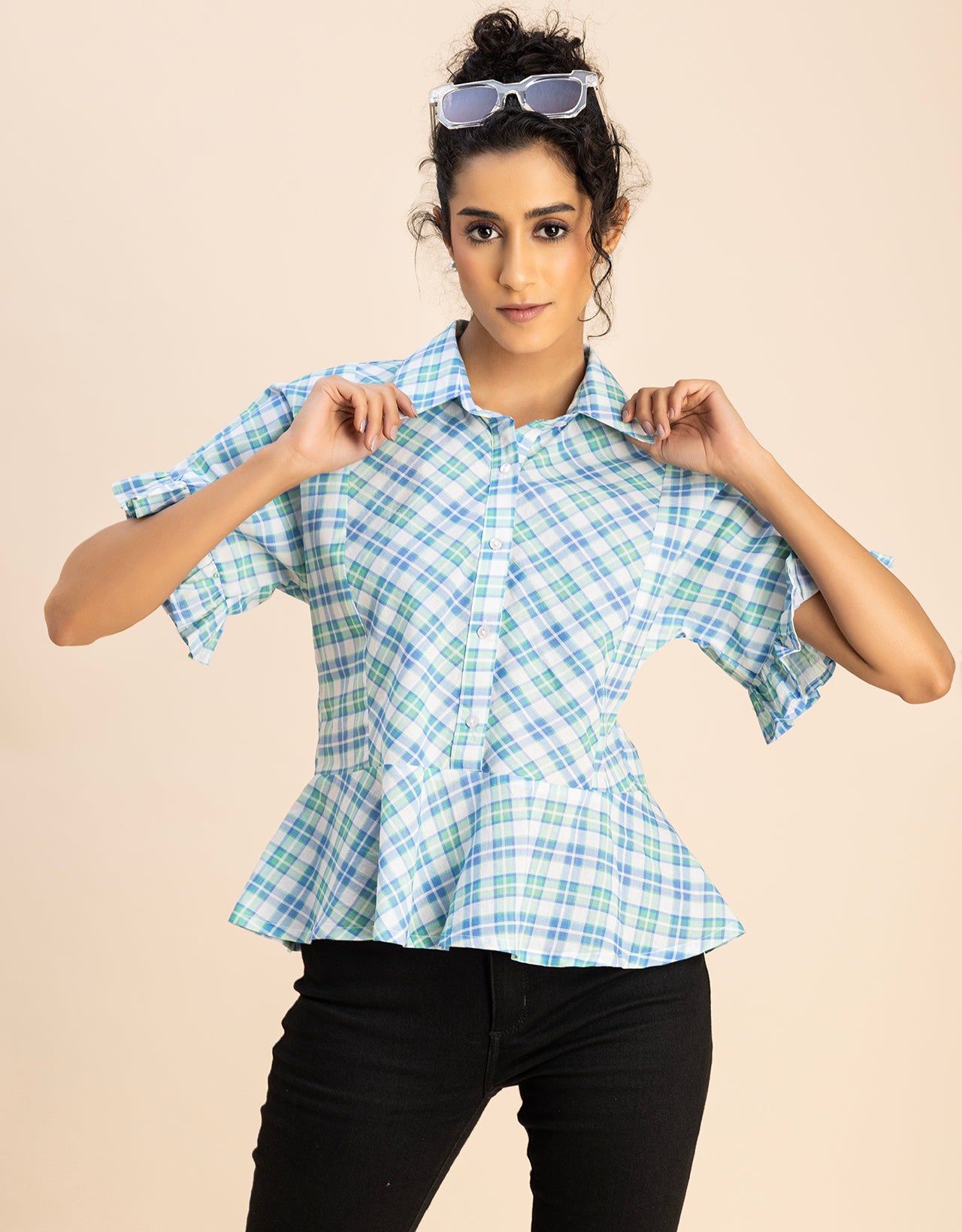 Printed Cotton Short Sleeve Peplum Top