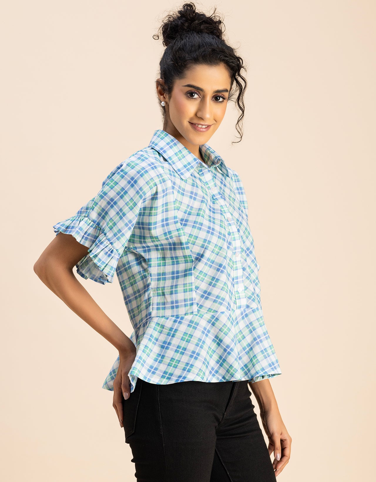 Printed Cotton Short Sleeve Peplum Top