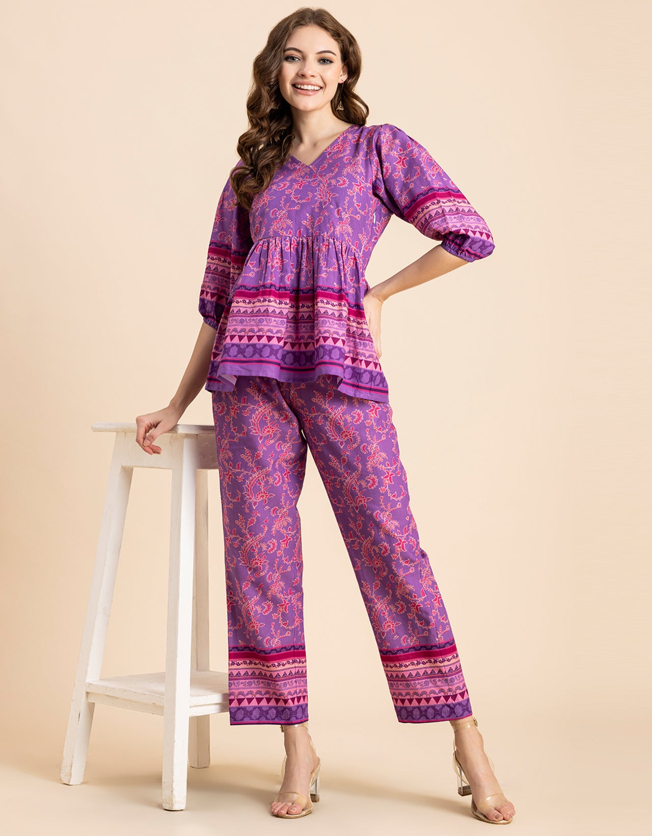 Printed 2 Pcs Coord Set, Cotton Top