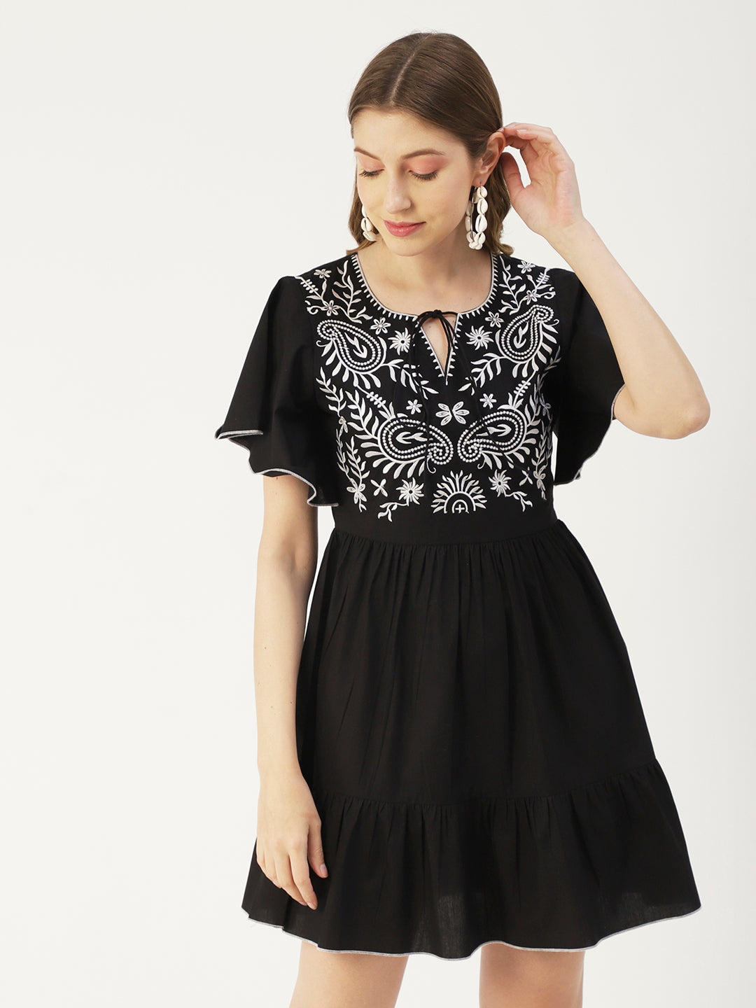 Solid Cotton Dress, Flutter Sleeves