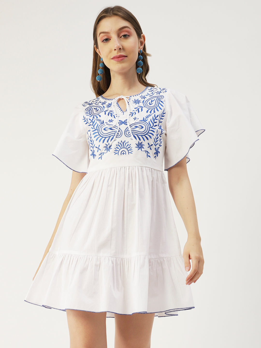 Solid Cotton Dress, Flutter Sleeves