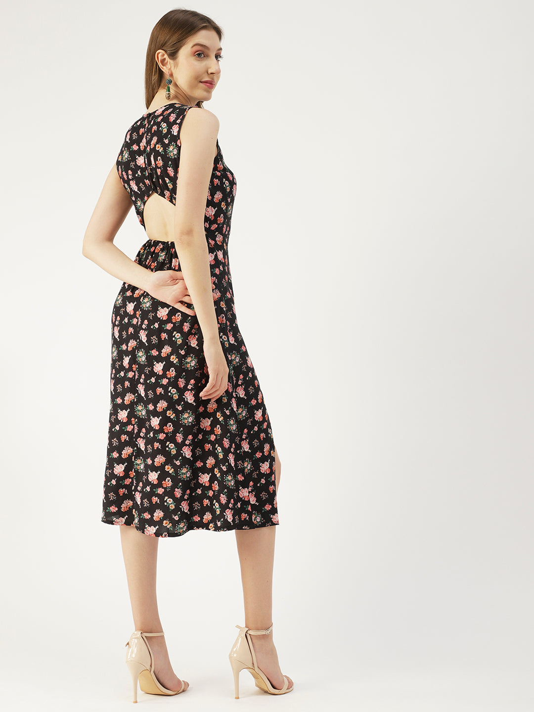 Printed Stylish Back Dress, Front Slit