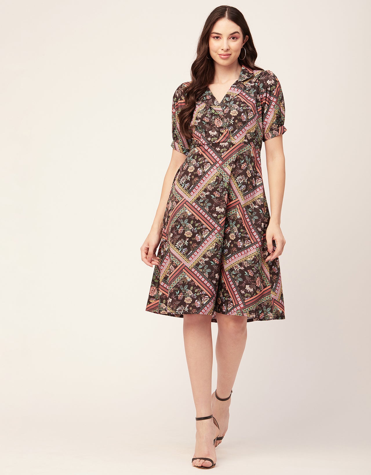 Printed Lapel Collar Dress, Puffed
