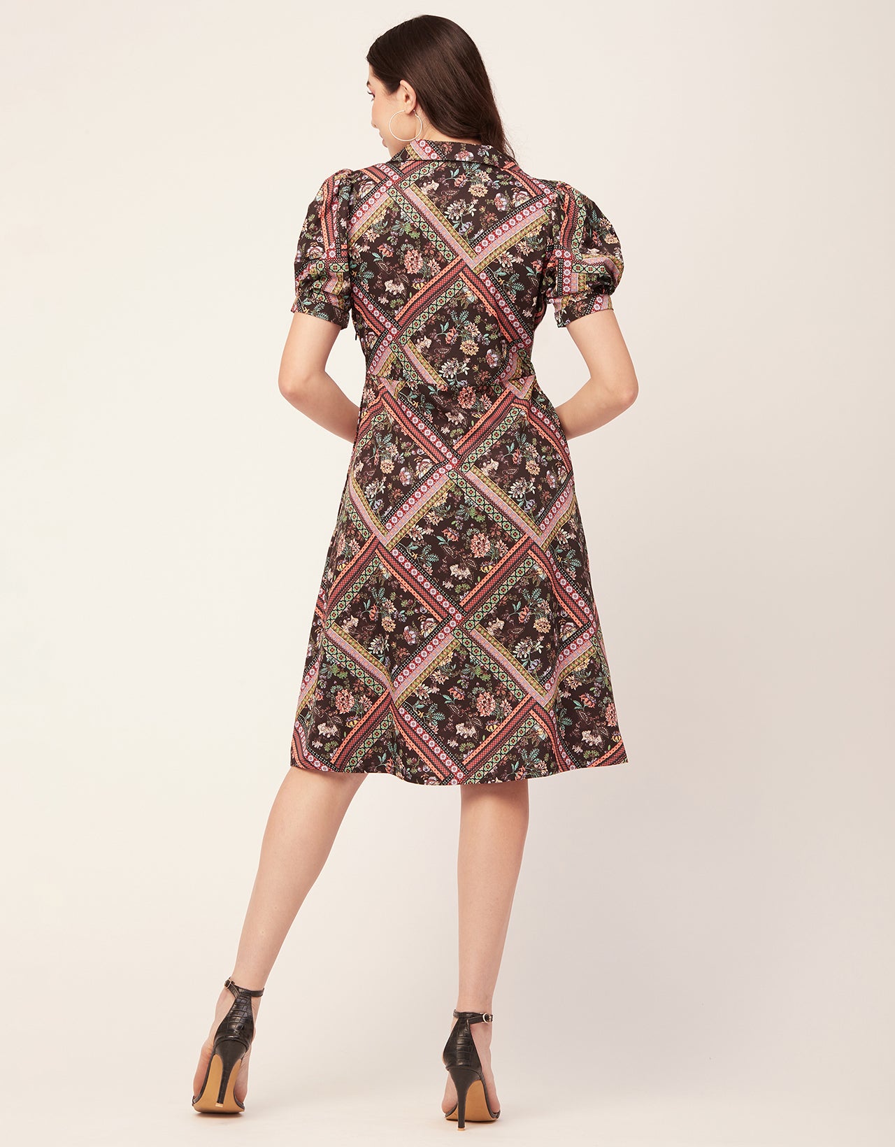 Printed Lapel Collar Dress, Puffed