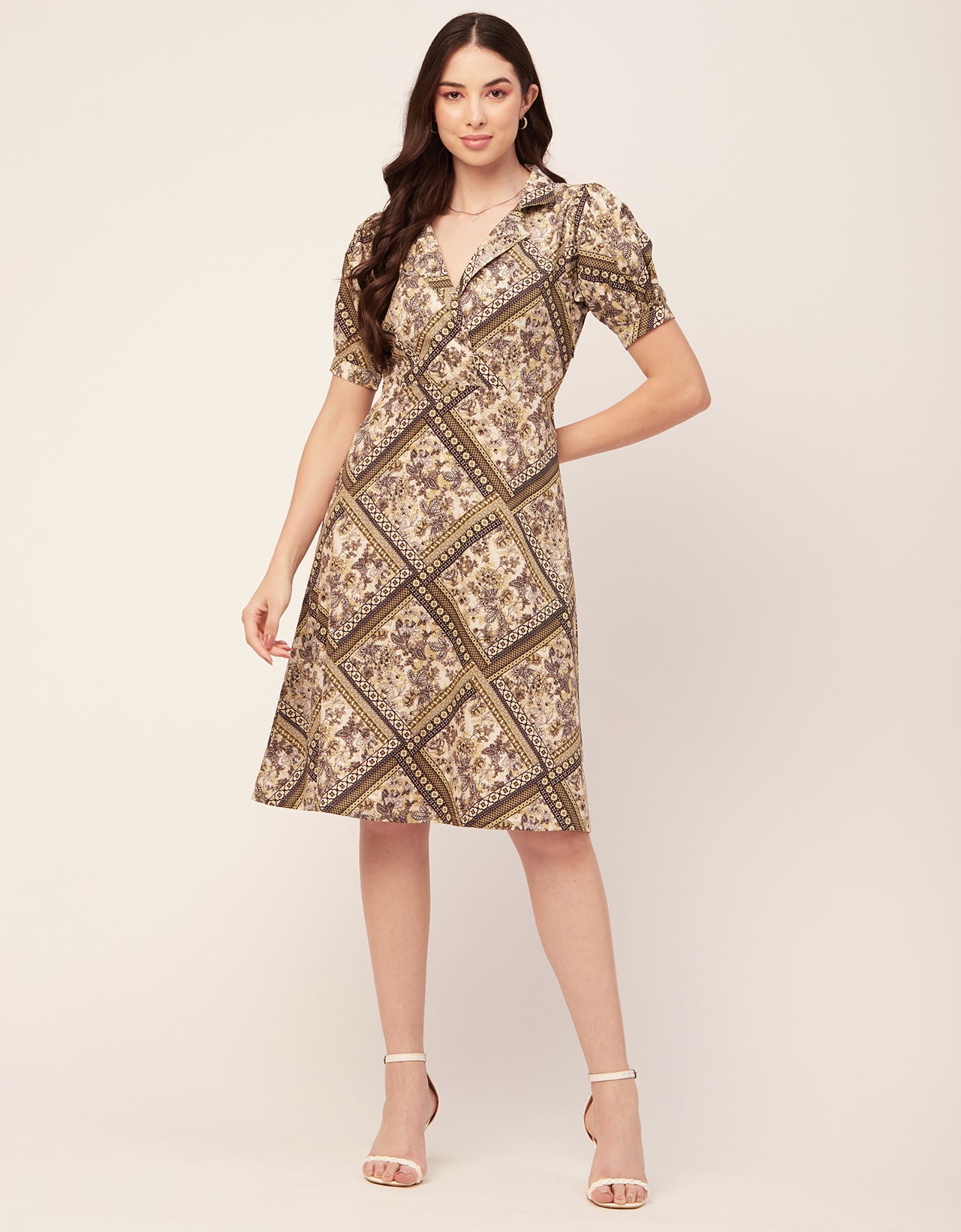 Printed Lapel Collar Dress, Puffed