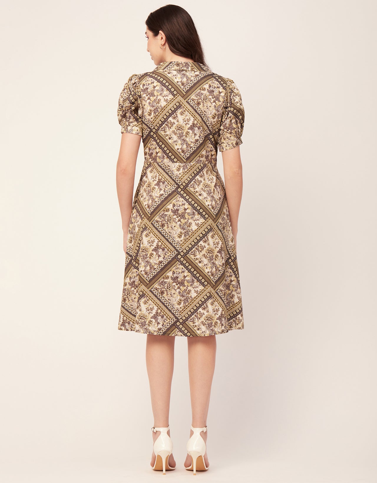 Printed Lapel Collar Dress, Puffed