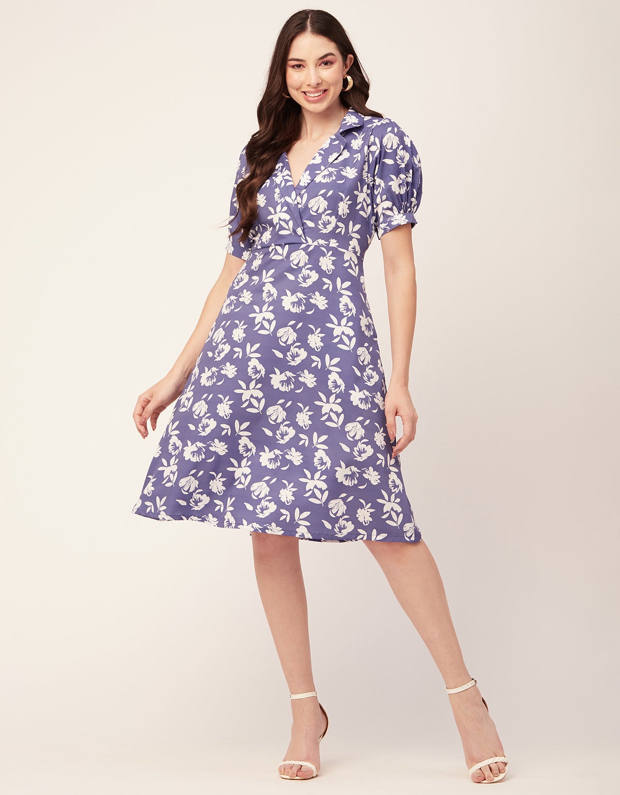Printed Lapel Collar Dress, Puffed