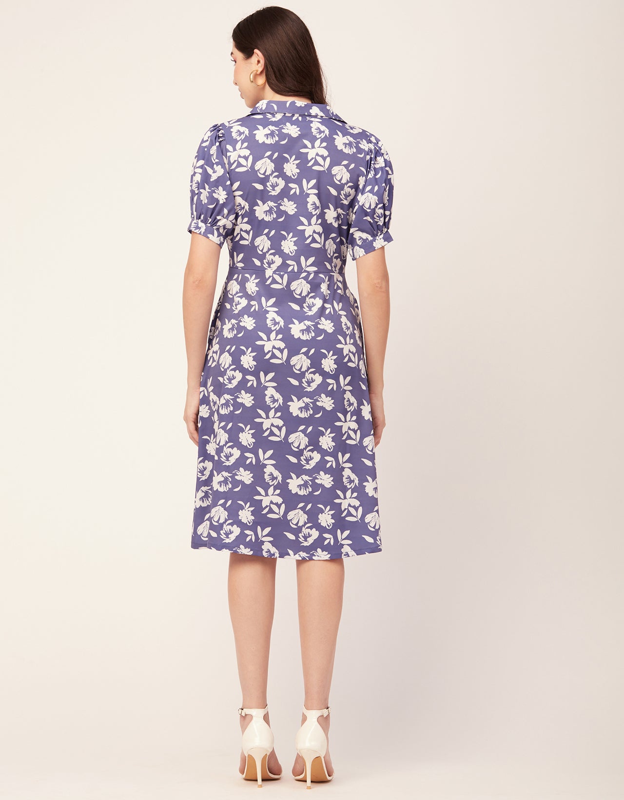 Printed Lapel Collar Dress, Puffed