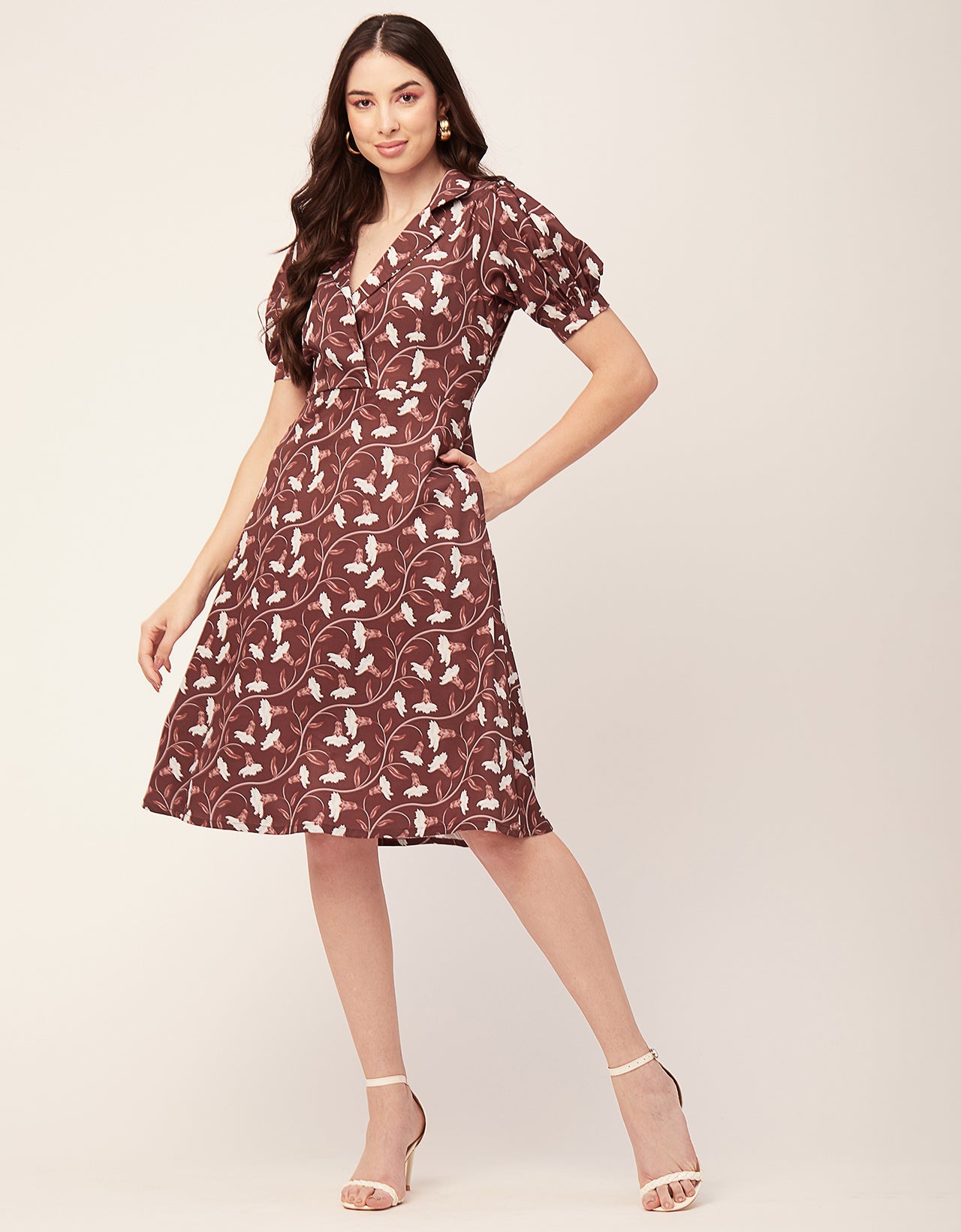 Printed Lapel Collar Dress, Puffed
