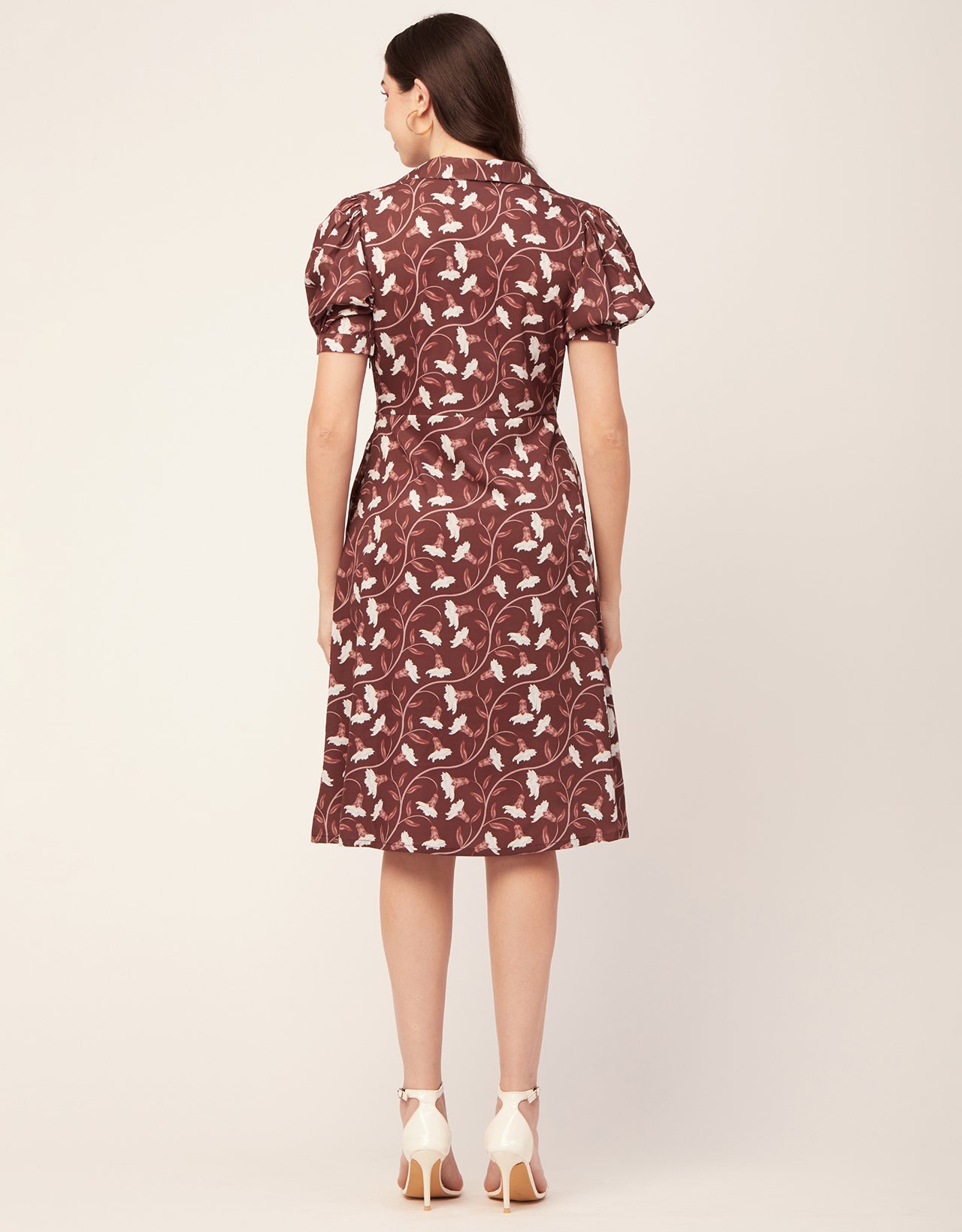 Printed Lapel Collar Dress, Puffed