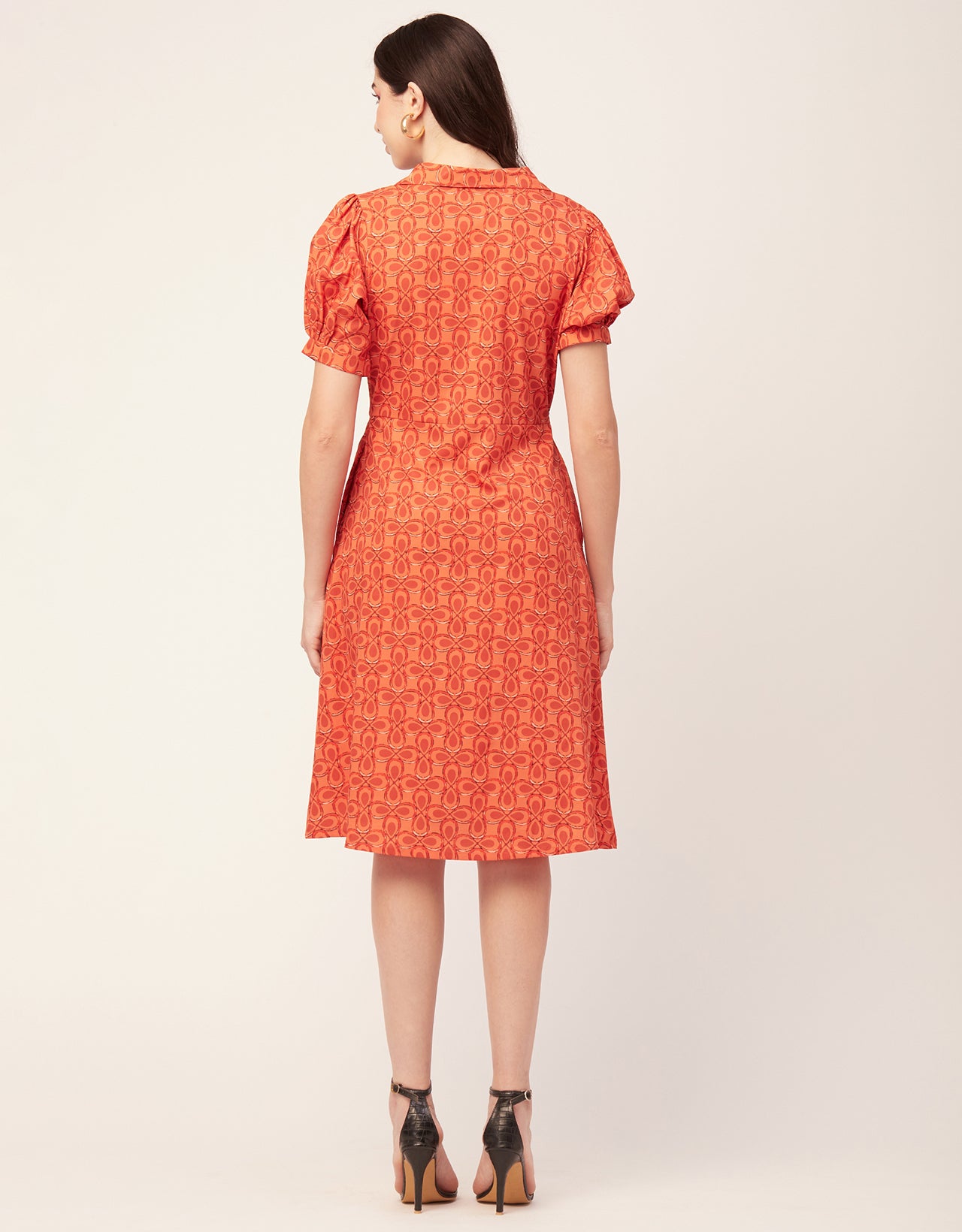 Printed Lapel Collar Dress, Puffed