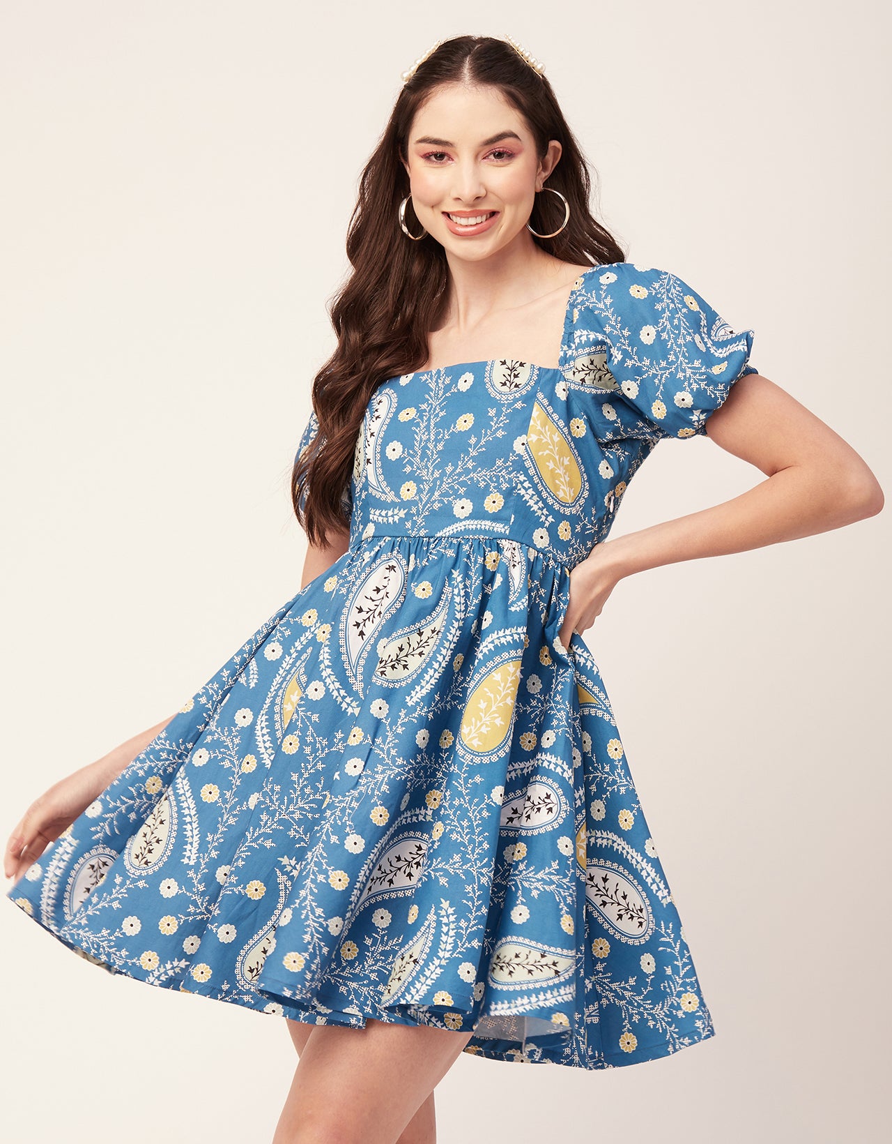 Printed Flared Mini Dress, Square