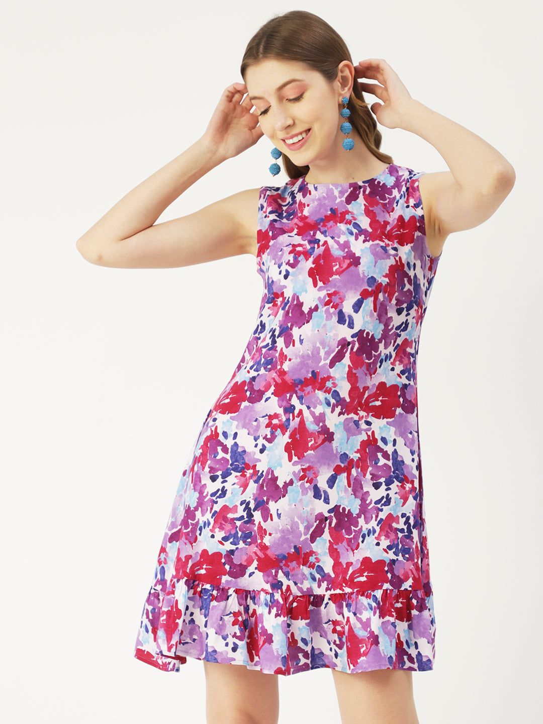Printed Sleeveless Mini Dress, Frilled