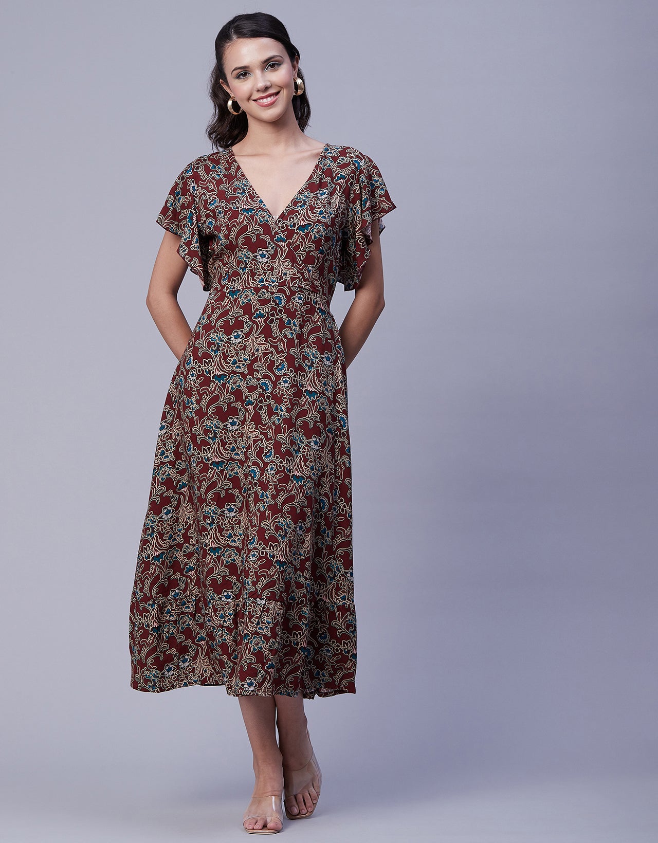 Printed V-Neck Ruffled Midi Dress