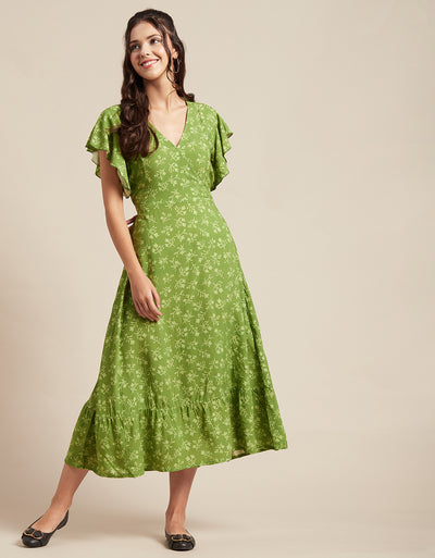 Printed V-Neck Ruffled Midi Dress