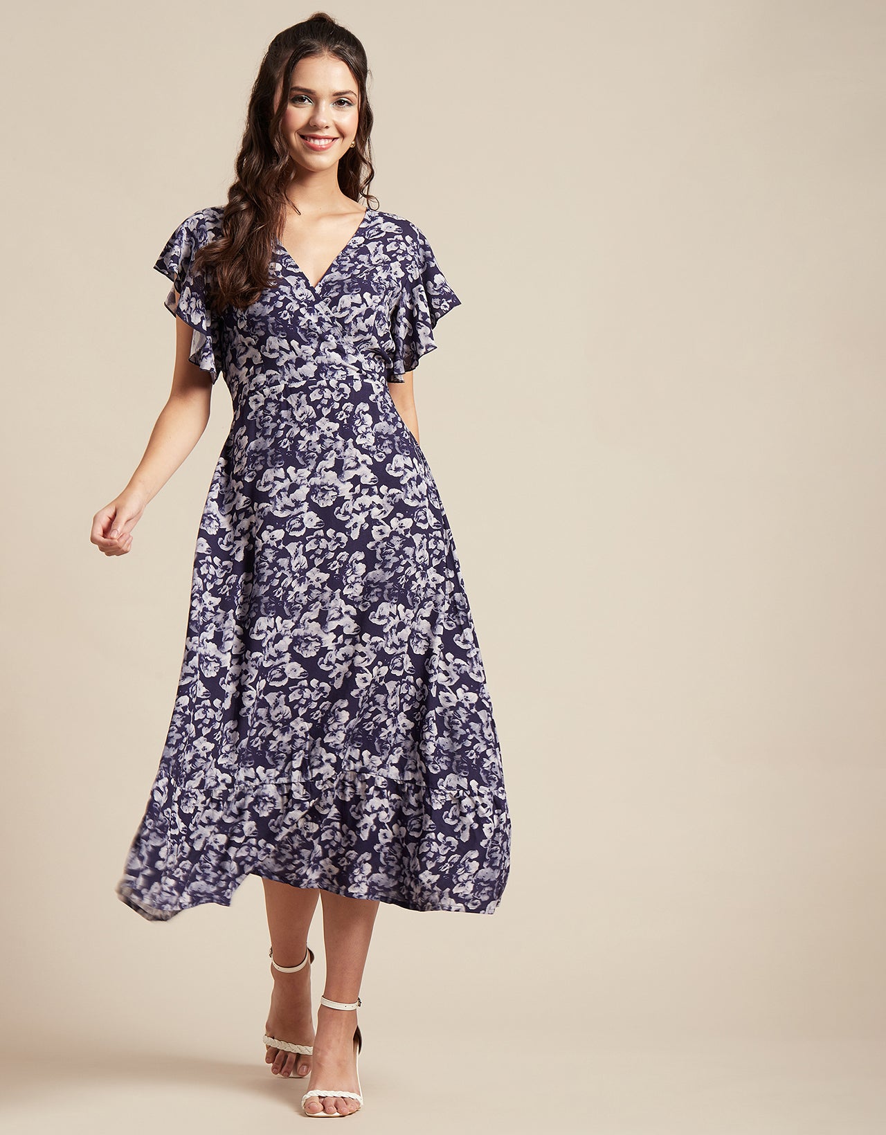 Printed V-Neck Ruffled Midi Dress